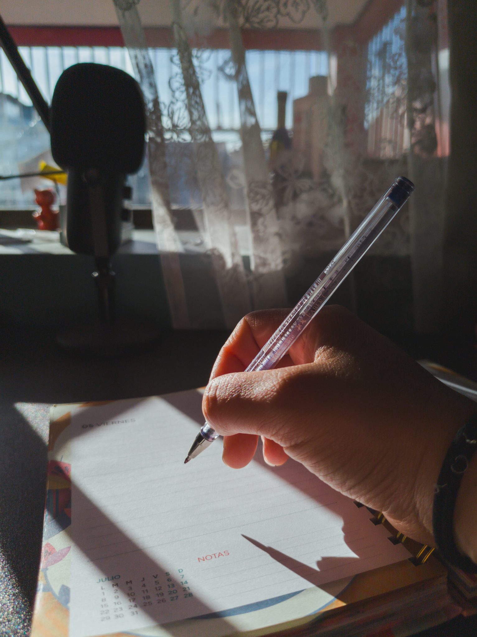 Hand writing in an agenda. Scene in front of a window with a direct ray of light on the hand and pap