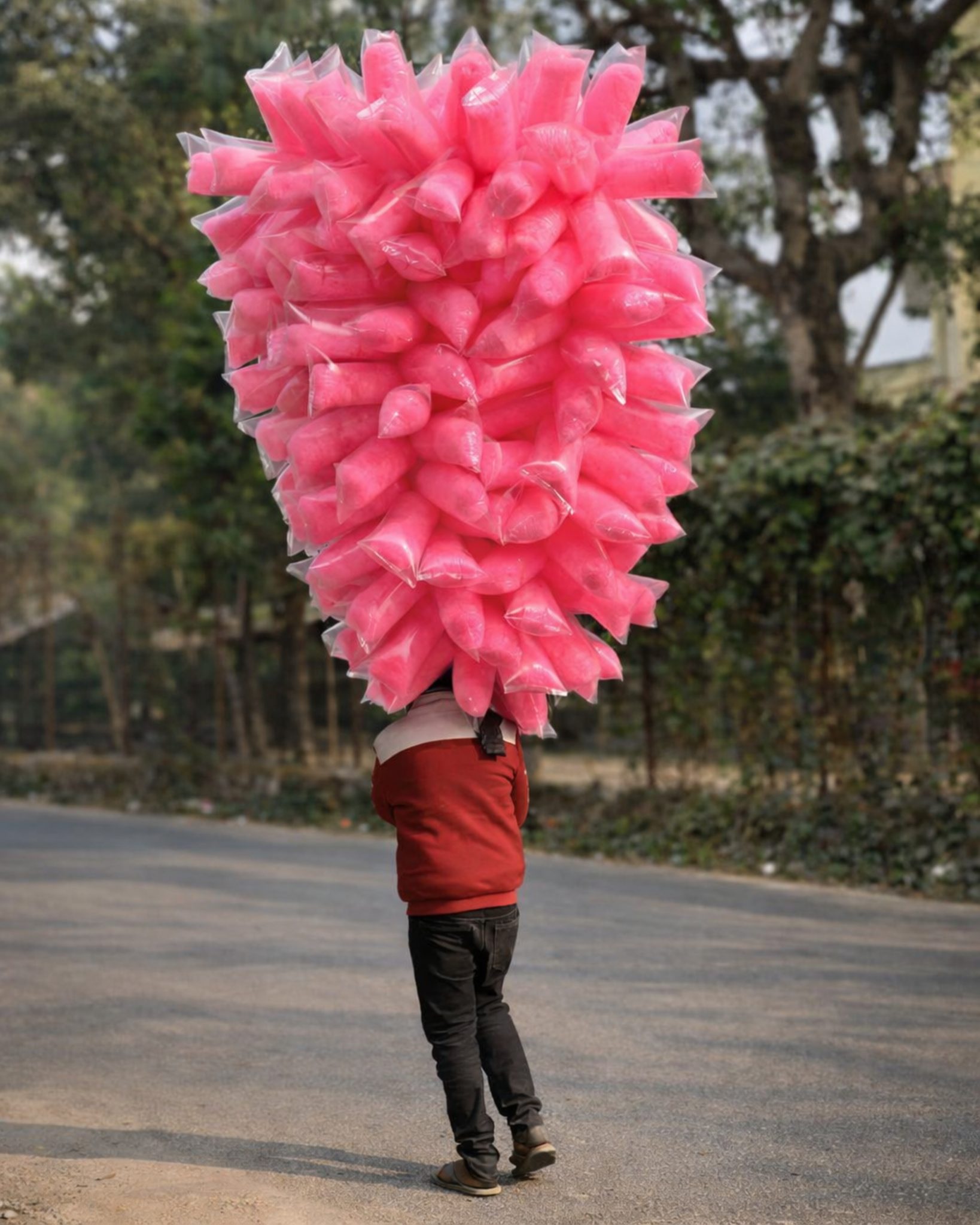 A boy walks along a quiet street lined with trees, carrying a massive bundle of bright pink cotton c