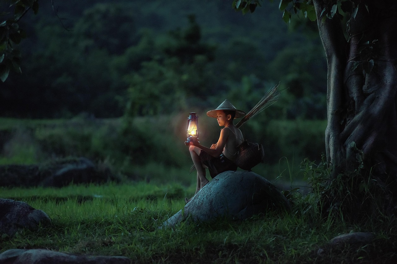 boy, sitting, lantern